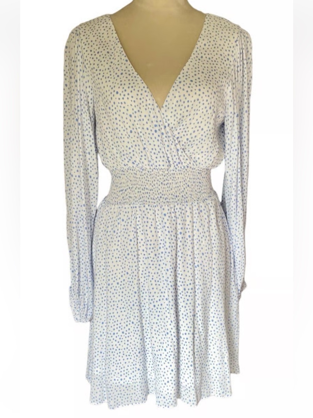 GB Women’s White Blue Polka Dot Smocked Long Sleeve V-Neck Mini Dress